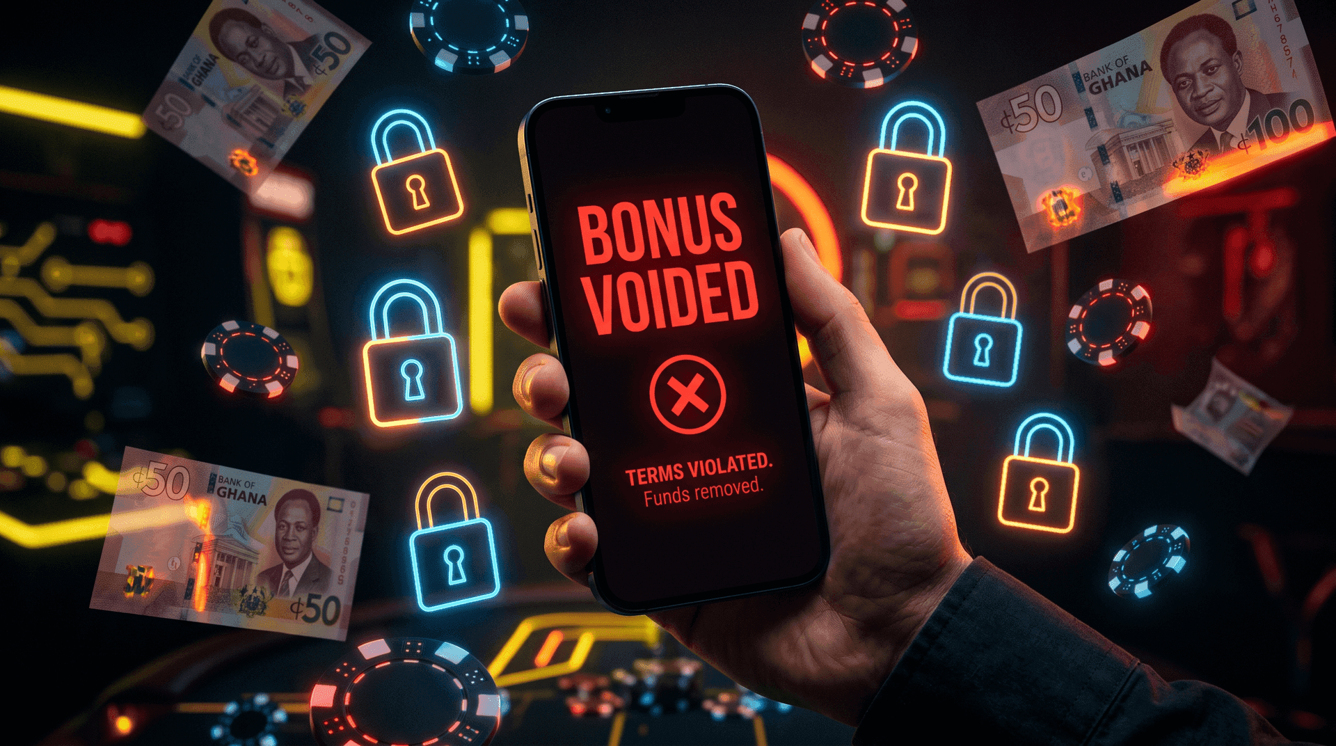 Smartphone showing BONUS VOIDED after casino bonus terms were violated